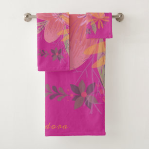 Girly Gold Leaf Fuchsia Flower Bath Towel Set