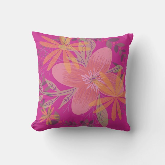 Girly Gold Leaf Fuchsia Flower Throw Pillow (Front)
