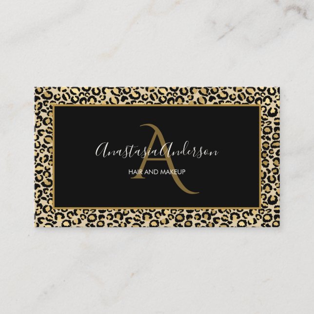 Girly Gold Leopard Spots Elegant Black Monogram Business Card (Front)