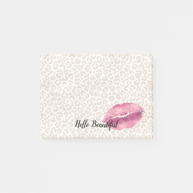 Girly Gold Peach Leopard Print Pink Lips Kiss Post-it Notes (Front)