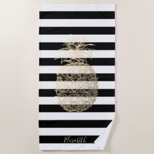 Girly Gold Pineapple, Black White Stripes  Beach Towel