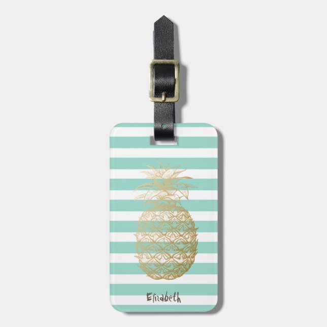 Girly Gold Pineapple Mint  White Stripes Luggage Tag (Front Vertical)