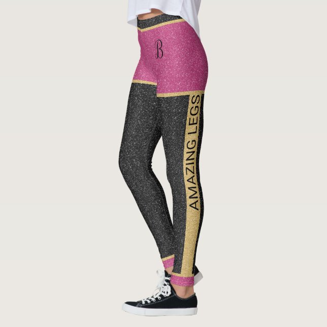 Girly Gold Pink Black Glitter Customizable Initial Leggings (Left)