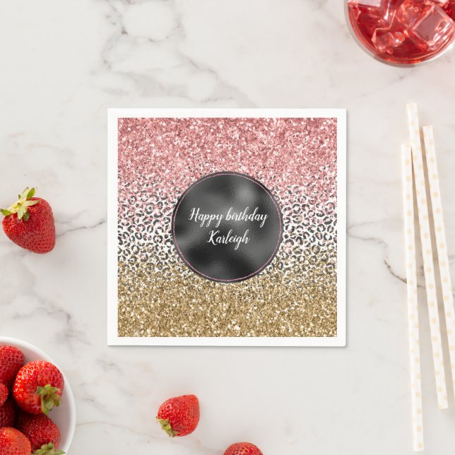 Girly Gold Pink Black White Leopard Print Glitter Napkin (Insitu)