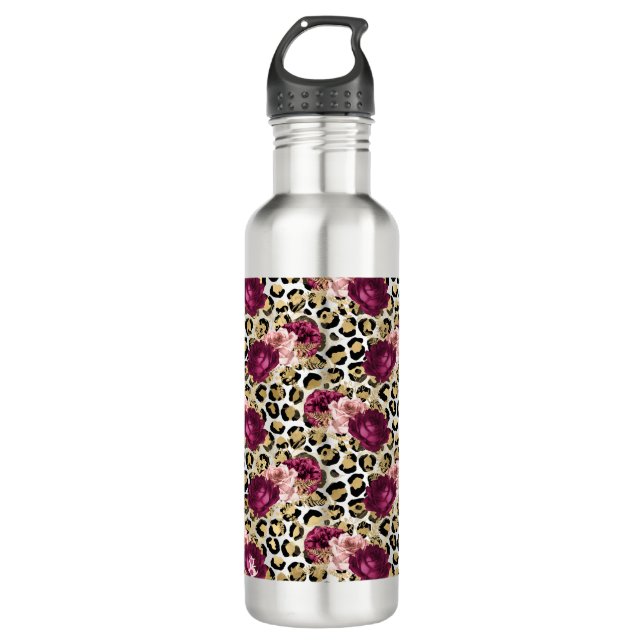 Girly Gold Pink Floral Leopard Print 710 Ml Water Bottle (Front)
