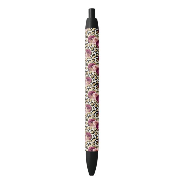 Girly Gold Pink Floral Leopard Print Black Ink Pen (Front Vertical)