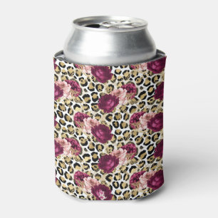 Girly Gold Pink Floral Leopard Print Can Cooler
