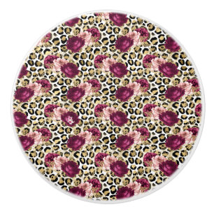 Girly Gold Pink Floral Leopard Print Ceramic Knob
