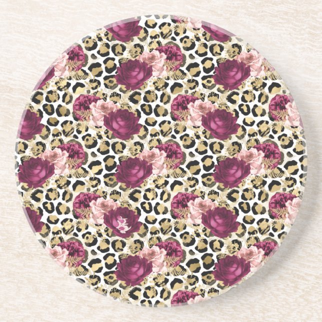 Girly Gold Pink Floral Leopard Print Coaster (Front)