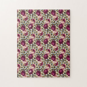 Girly Gold Pink Floral Leopard Print Jigsaw Puzzle