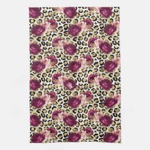 Girly Gold Pink Floral Leopard Print Kitchen Towel