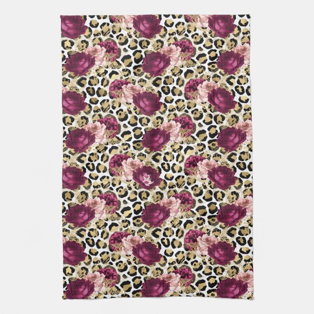 Girly Gold Pink Floral Leopard Print Kitchen Towel (Vertical)