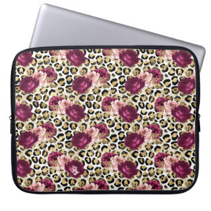 Girly Gold Pink Floral Leopard Print Laptop Sleeve