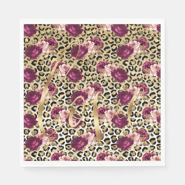 Girly Gold Pink Floral Leopard Print Love Napkin (Front)