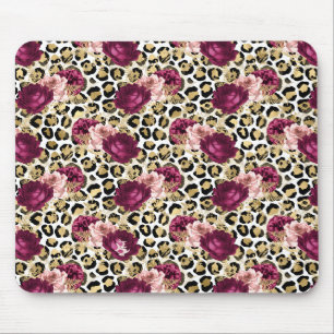 Girly Gold Pink Floral Leopard Print Mouse Pad