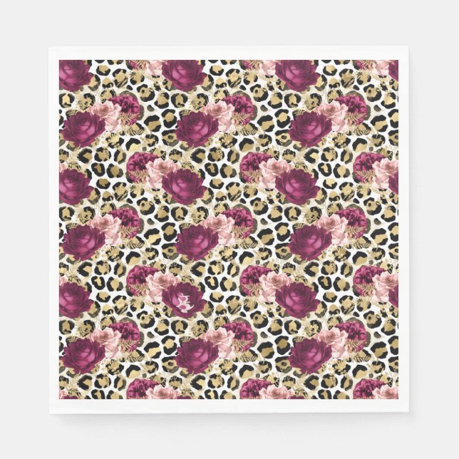 Girly Gold Pink Floral Leopard Print Napkin (Front)