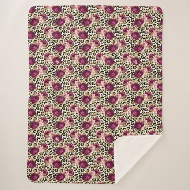 Girly Gold Pink Floral Leopard Print Sherpa Blanket (Front)