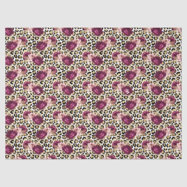 Girly Gold Pink Floral Leopard Print Tissue Paper (Front)