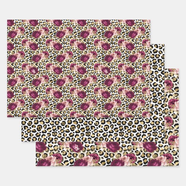 Girly Gold Pink Floral Leopard Print Wrapping Paper Sheet (Set)