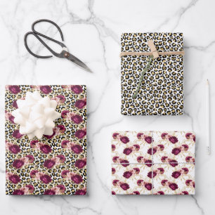 Girly Gold Pink Floral Leopard Print Wrapping Paper Sheet