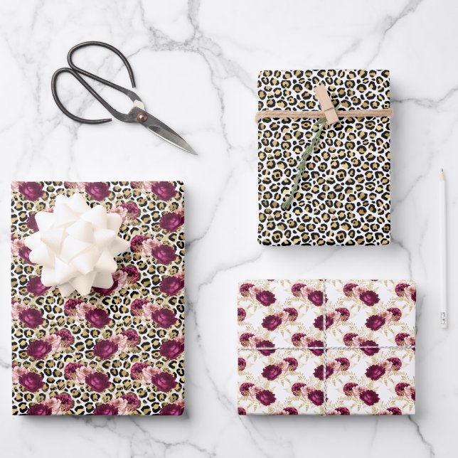 Girly Gold Pink Floral Leopard Print Wrapping Paper Sheet (Front)