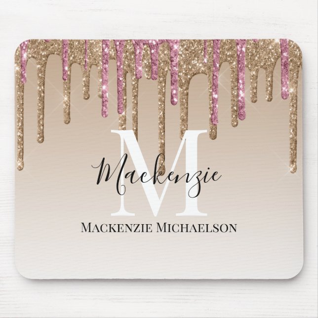 Girly Gold Pink Glitter Monogram Name  Mouse Pad (Front)
