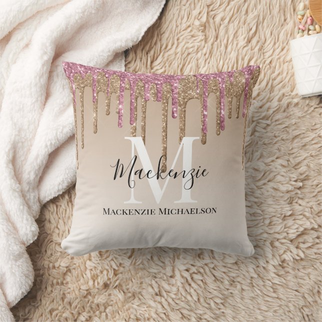 Girly Gold Pink Glitter Monogram Name   Throw Pillow (Blanket)