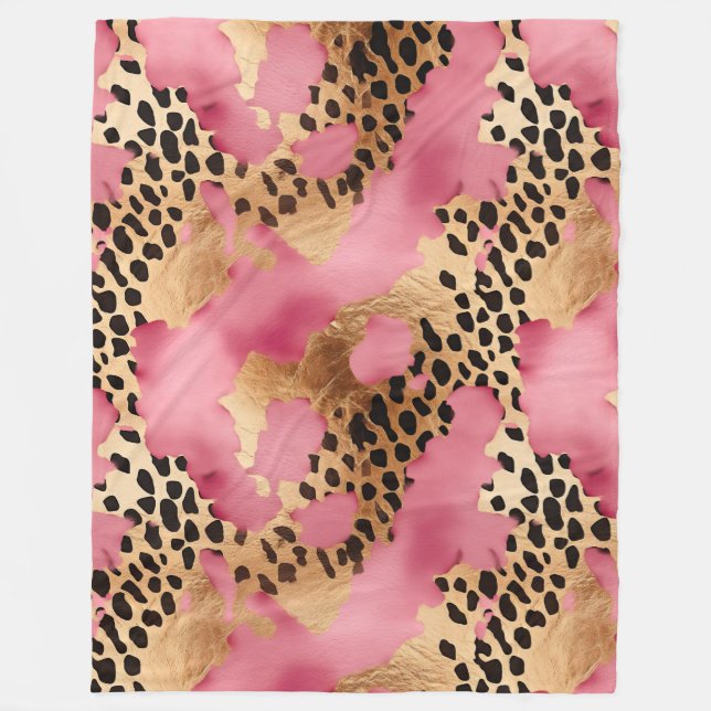 Girly Gold Pink Leopard Fleece Blanket (Front)