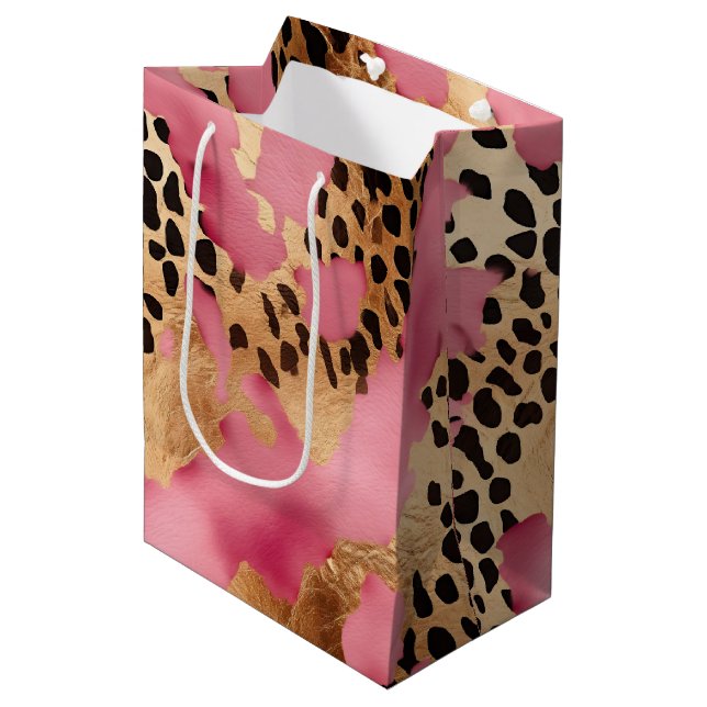 Girly Gold Pink Leopard Medium Gift Bag (Front Angled)