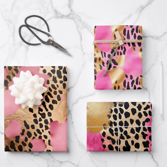 Girly Gold Pink Leopard Wrapping Paper Sheet (Front)