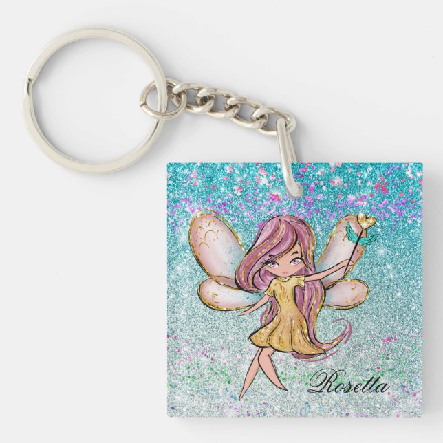 Girly Gold Purple Blue Glitter Sparkle Fairy Dust Keychain (Front)