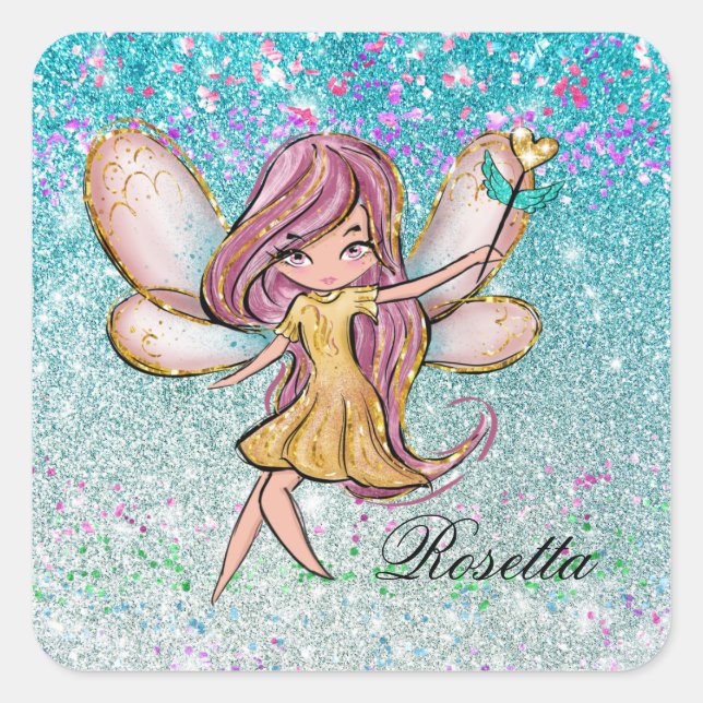 Girly Gold Purple Blue Glitter Sparkle Fairy Dust Square Sticker (Front)