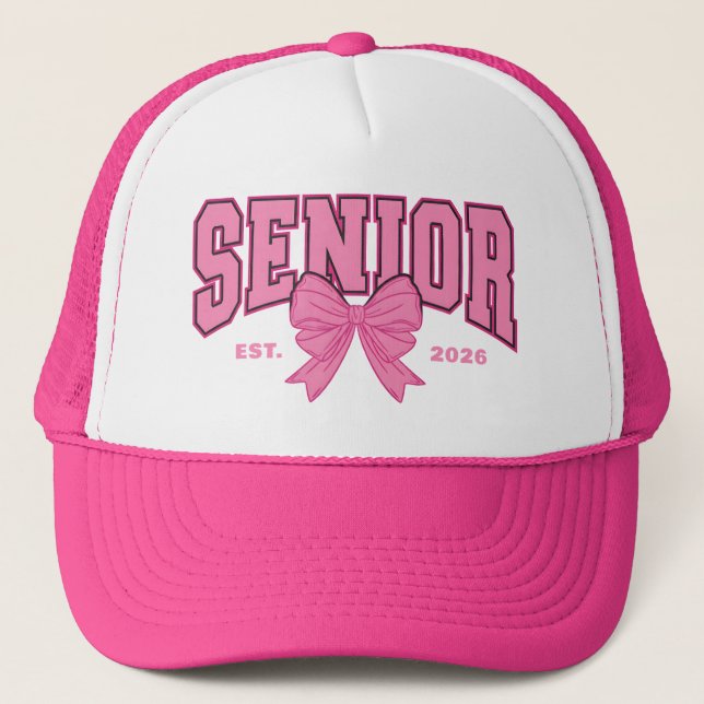 Girly Graduation Coquette Senior 2026 Pink Bow Trucker Hat (Front)