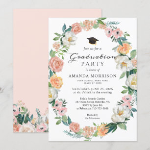 Girly Graduation Party Classy Roses Floral Wreath Invitation
