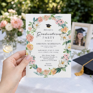 Girly Graduation Party Classy Roses Floral Wreath Invitation