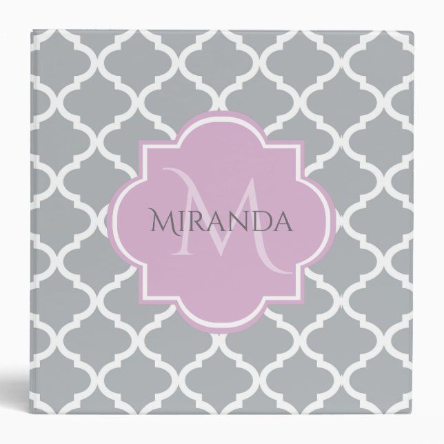 Girly Gray Quatrefoil Lavender Monogram and Name Binder (Front)