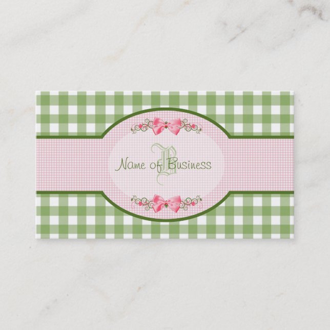 Girly Green Gingham Monogram Country Pink Ribbon Business Card (Front)