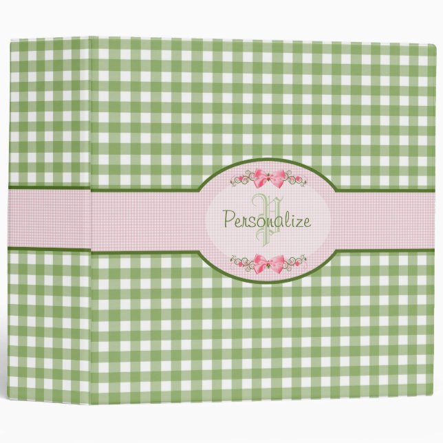 Girly Green Gingham Monogram With Name Binder (Front/Spine)