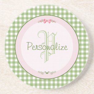 Girly Green Gingham Monogram With Name Coaster