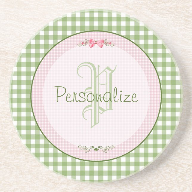Girly Green Gingham Monogram With Name Coaster (Front)