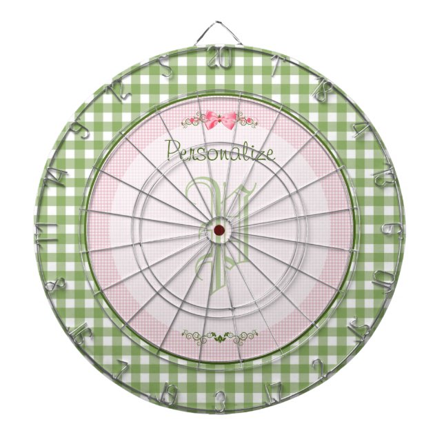 Girly Green Gingham Monogram With Name Dartboard (Front)