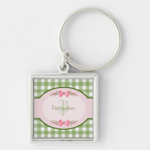 Girly Green Gingham Monogram With Name Keychain