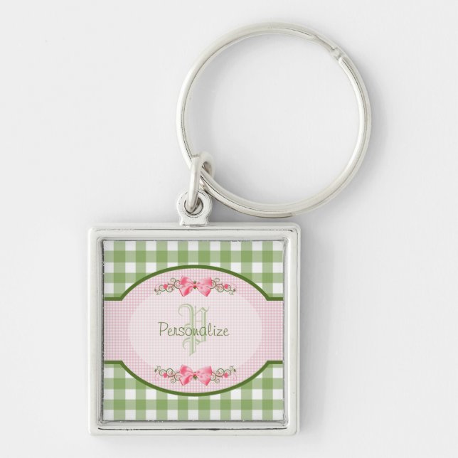 Girly Green Gingham Monogram With Name Keychain (Front)