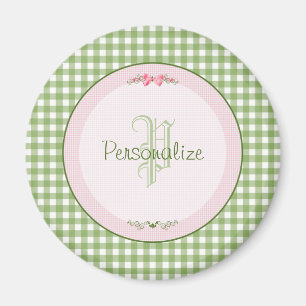 Girly Green Gingham Monogram With Name Magnet