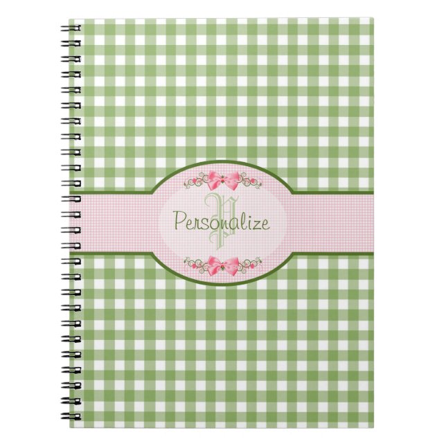 Girly Green Gingham Monogram With Name Notebook (Front)