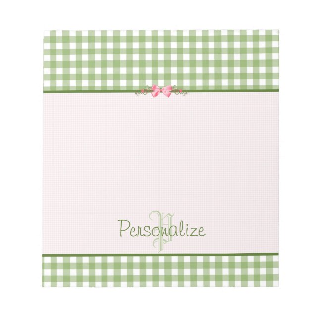 Girly Green Gingham Monogram With Name Notepad (Front)