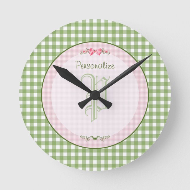 Girly Green Gingham Monogram With Name Round Clock (Front)