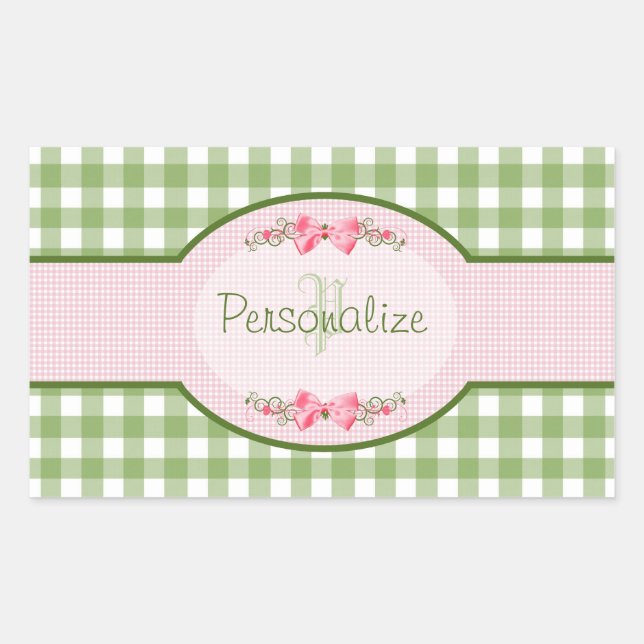 Girly Green Gingham Monogram With Name Sticker (Front)