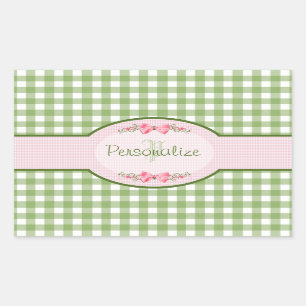 Girly Green Gingham Monogram With Name Sticker