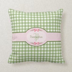 Girly Green Gingham Monogram With Name Throw Pillow
